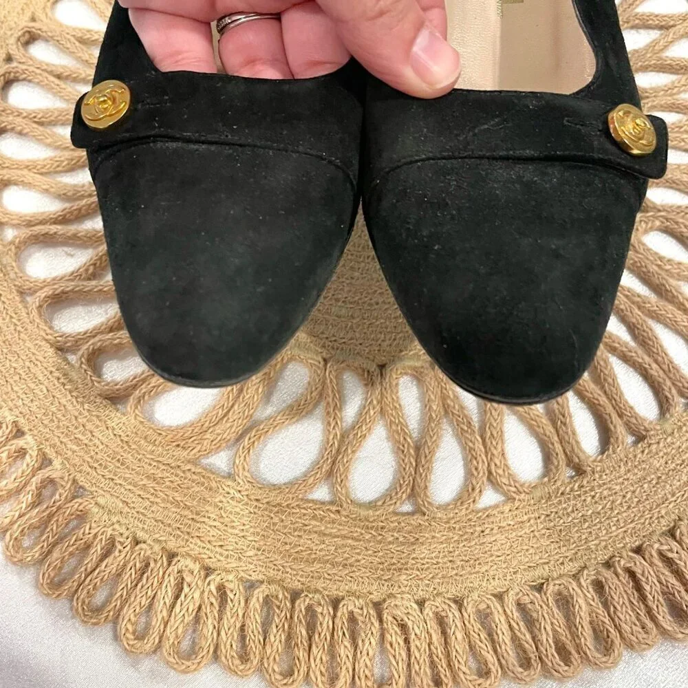Chanel Black Suede CC Block Heel Pumps Size 7 A